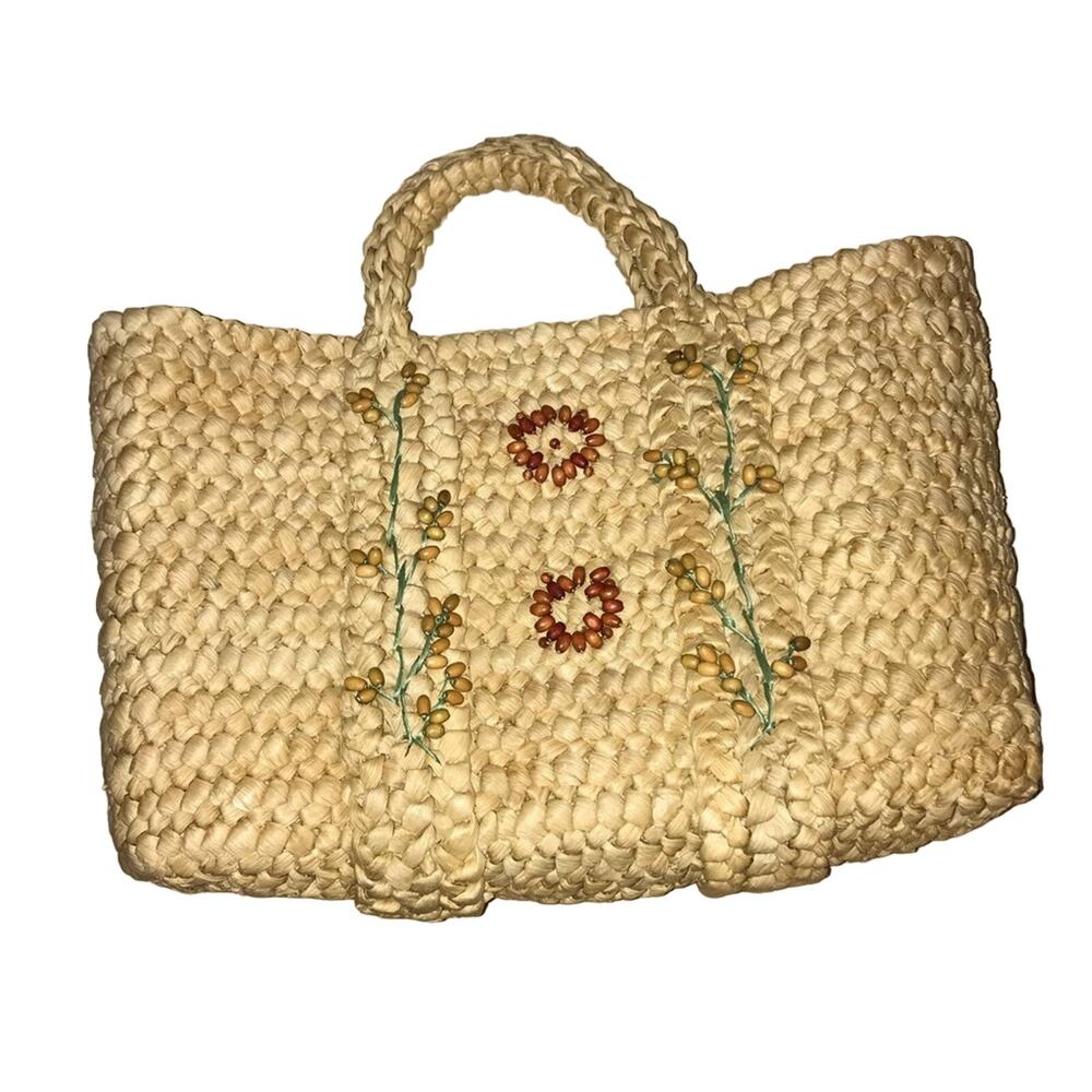 Skemo Large Luxury Woven Beach Tote straw raffia natural beads